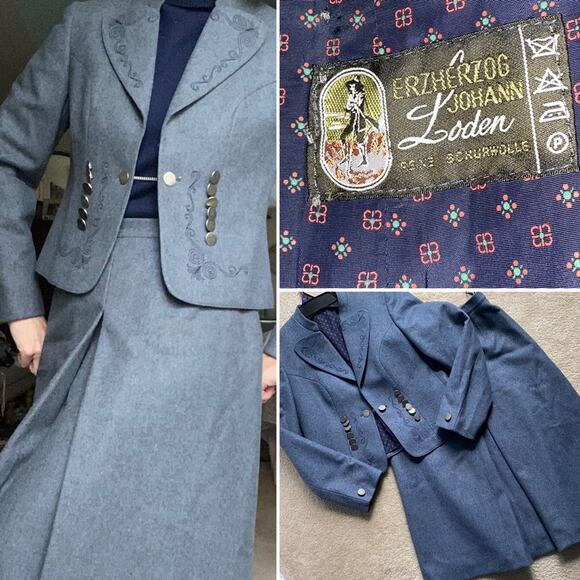 Vtg Austrian German Trachten 2pc Suit jacket & skirt blue EU40 US6 AS IS - Picture 1 of 11